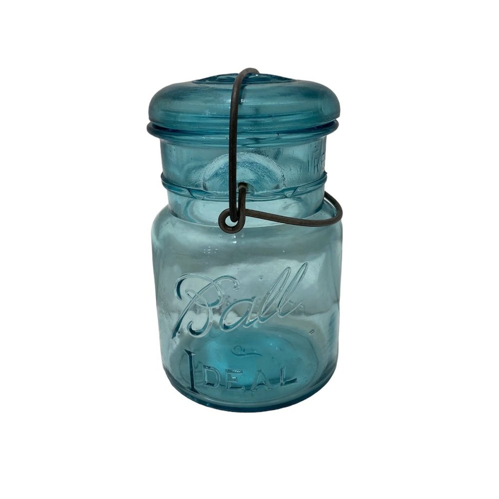 Vintage Ball Ideal Blue Glass Mason Jar with Lid Pat-1908 Series 5" x 3.5"